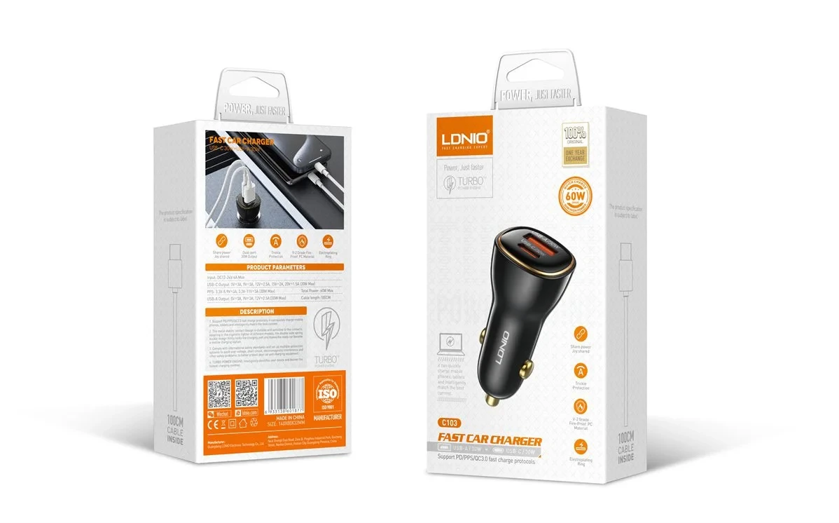 LDNIO C103 60W Fast Car Charger – Dual USB Car Charger with Fast Charging Support for Smartphones, Tablets & Mobile Devices