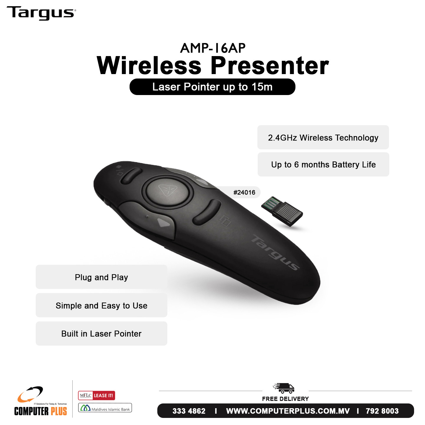 Wireless Presenter with Laser Pointer AMP-16AP – 15m Long-Range Presentation Remote for PowerPoint & Keynote