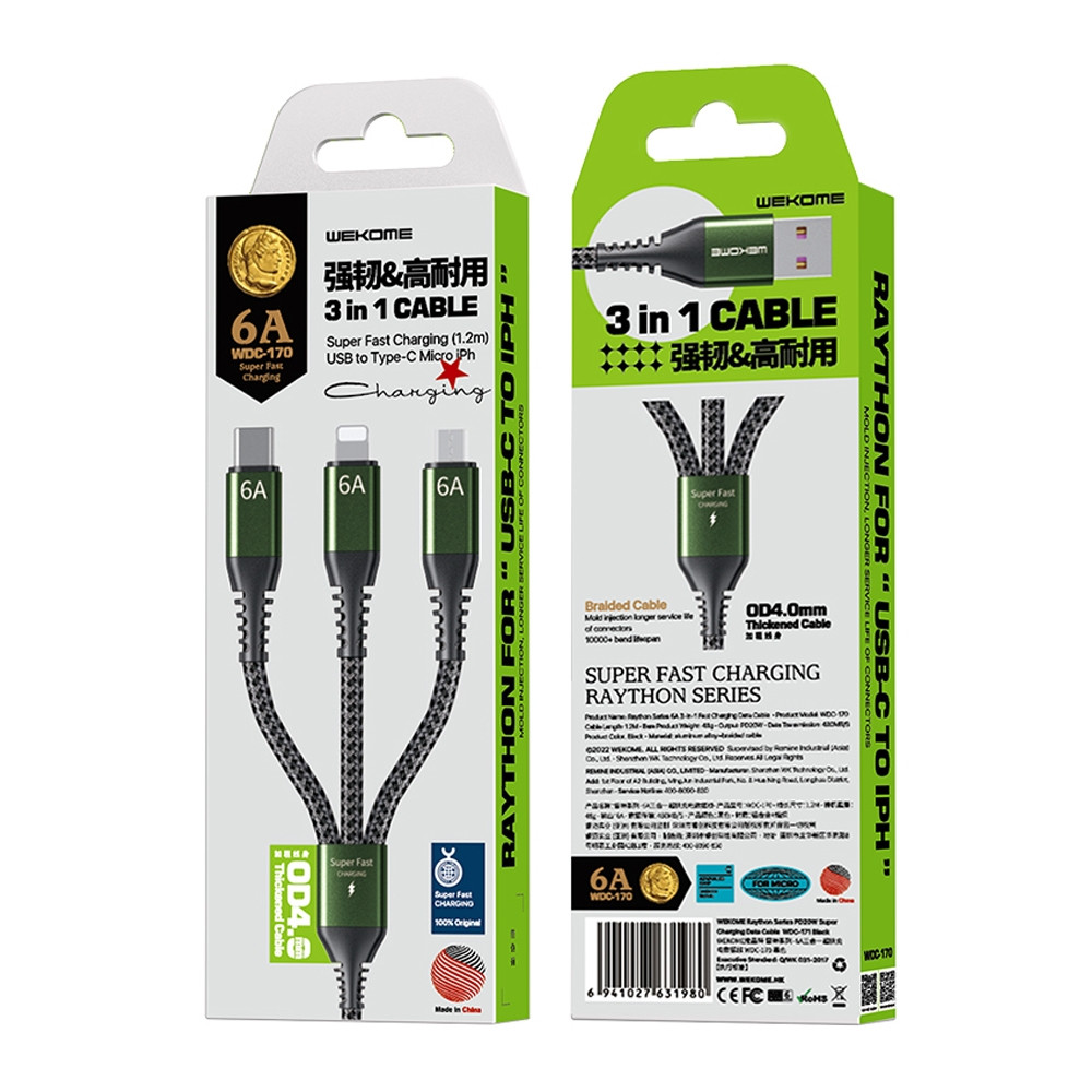 WEKOME WDC-170 Raython Series 6A 3 in 1 USB to 8 Pin+Type-C+Micro USB Fast Charge Data Cable Length: 1.2m(Black)