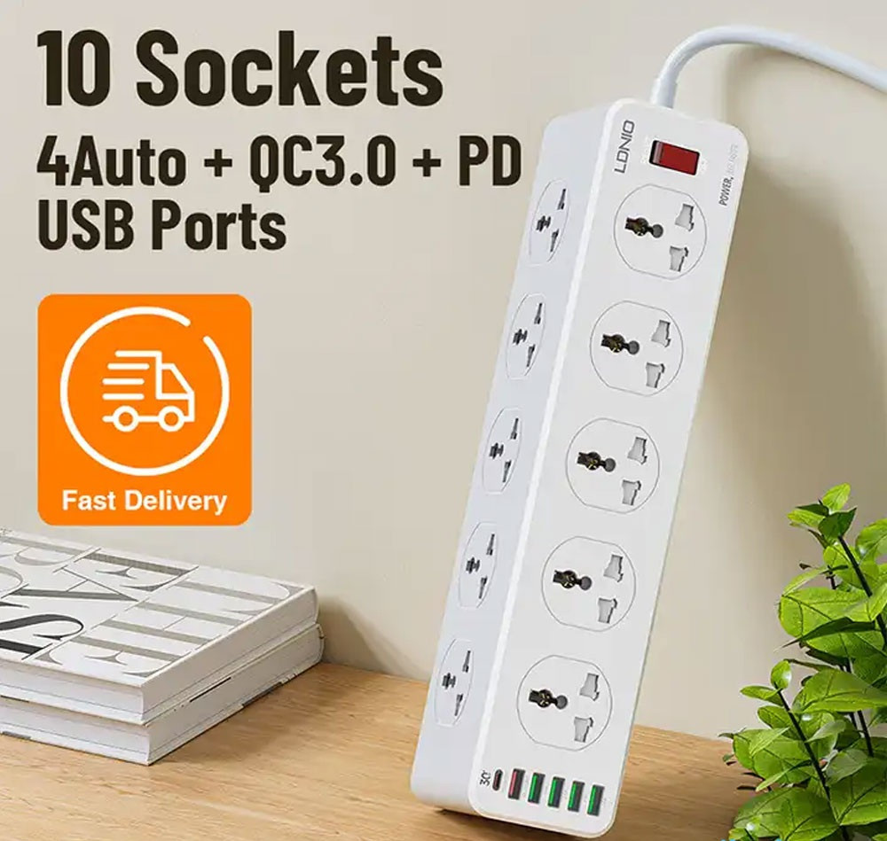 LDNIO SC10610 Power Extension Cord with 10 Sockets & 6 USB Ports