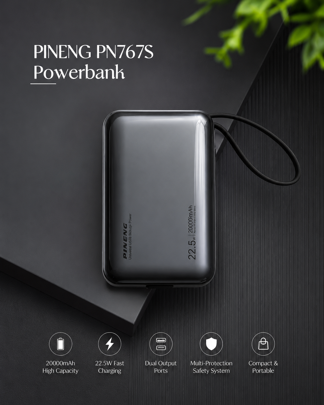 Pineng PN-767S 20000mAh Power Bank – 22.5W Fast Charging, Dual Output, USB-C & USB Ports, LED Display, Portable High Capacity Battery Pack for Mobile & Tablet
