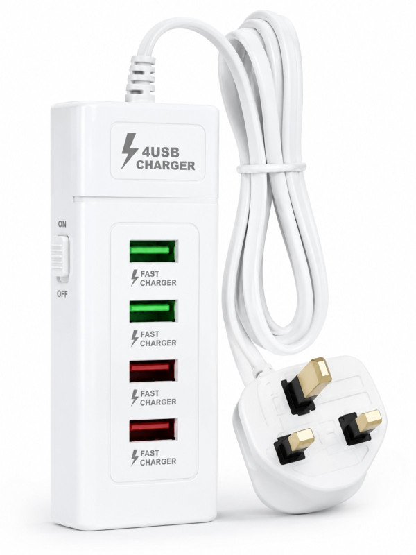 4-Port USB Fast Charger Extension Lead Hub with Switch (UK Plug)