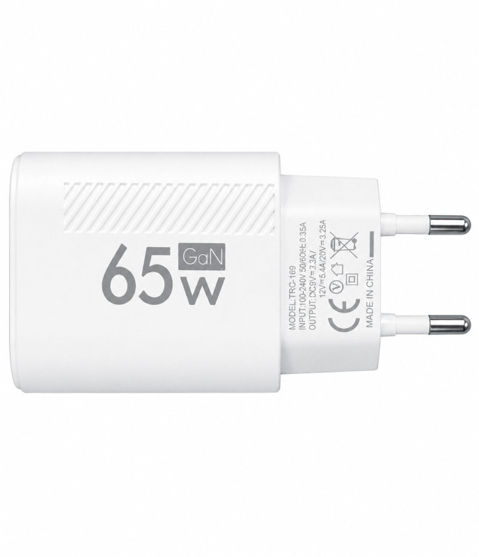 65W GaN Fast Charger, 1 USB-C & 1 USB-A Dual Port Wall Adapter, PD 33W