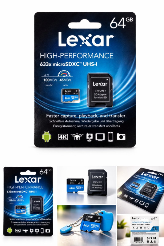 Lexar 64GB High-Performance 633x microSDHC UHS-I Memory Card – Class 10, Up to 95MB/s Read, with SD Adapter