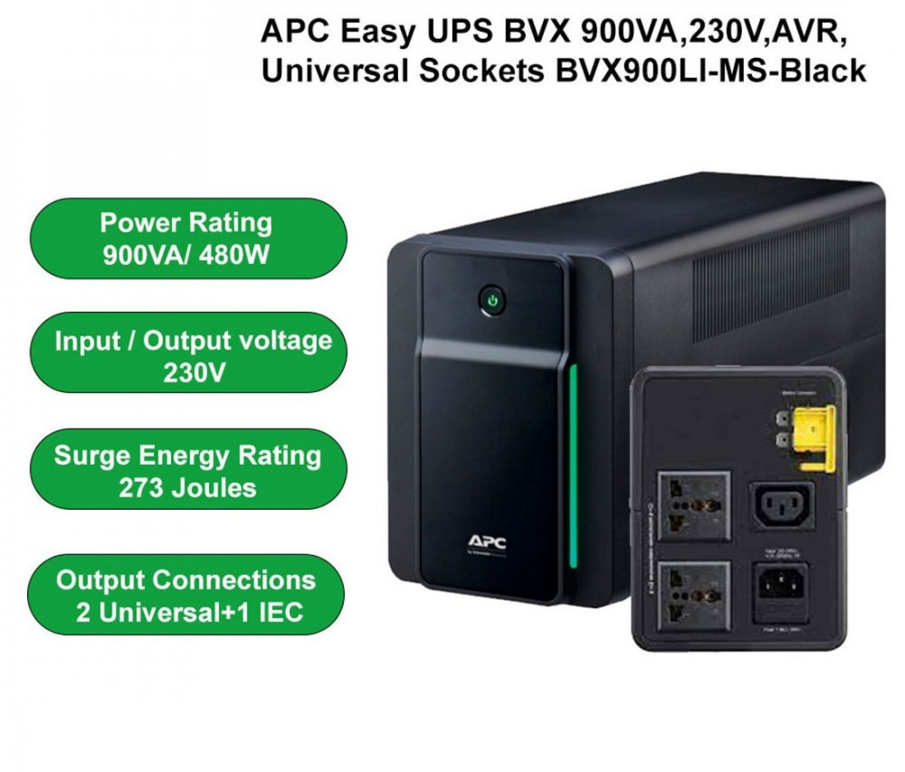 APC Easy UPS BVX900LI-MS 900VA Line-Interactive UPS – 230V, Automatic Voltage Regulation (AVR), Compact Backup Power for Home & Office