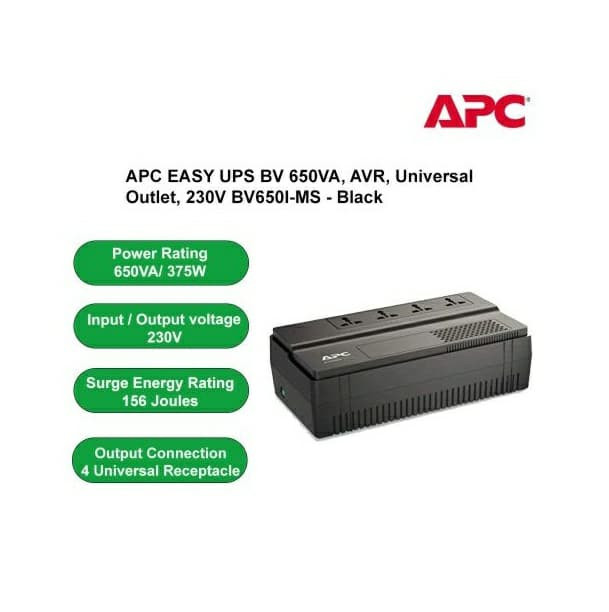 APC Back-UPS BV650I-MS 650VA Line-Interactive UPS – Battery Backup & Surge Protection with Universal Sockets for Home & Office