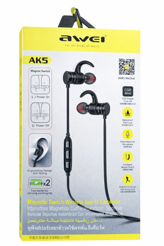 AWEI AK5 Bluetooth Sports Earphones – Magnetic Neckband, Deep Bass, Long Battery