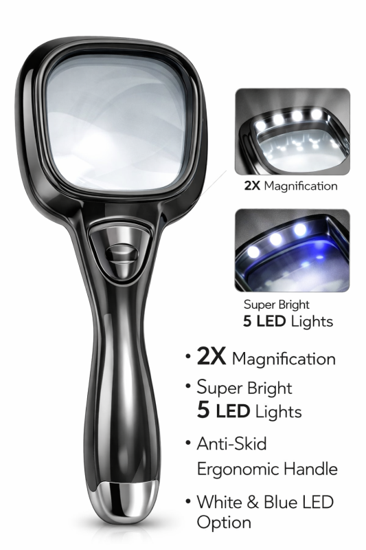 2X LED Magnifying Glass – Super Bright White & Blue LED with Ergonomic Anti-Skid Handle