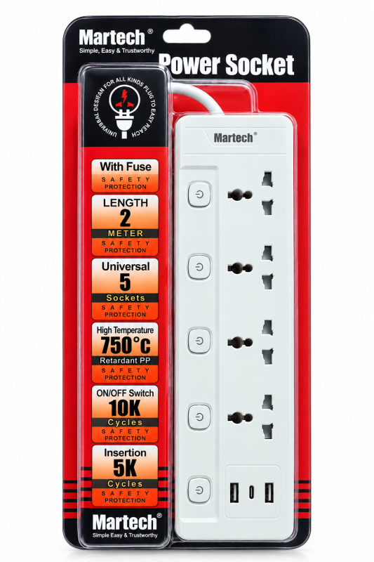 Martech PW-SK504/3U 4-Way Power Strip with USB & Type-C Ports, 2M Extension Cord – Universal Multi-Plug Socket for Home, Office & Workstations