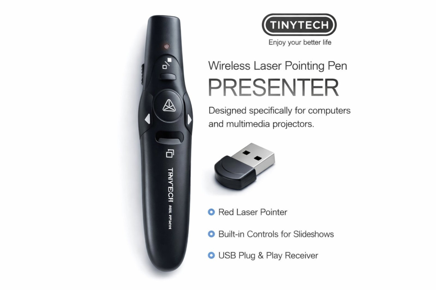 Tinytech PP1016 Wireless Presenter with Red Laser Pointer – 2.4GHz USB Remote Clicker for PowerPoint, Keynote & Slide Control