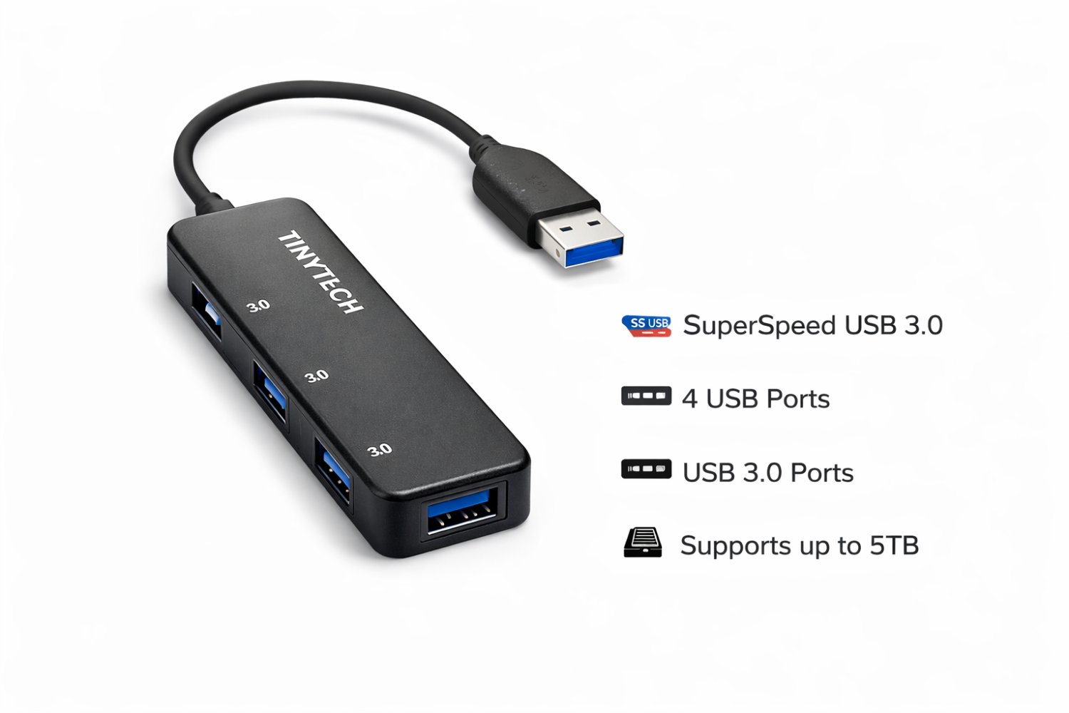 Tinytech USB 3.0 SuperSpeed 4-Port USB Hub – High-Speed Data Transfer Splitter for Laptop & PC