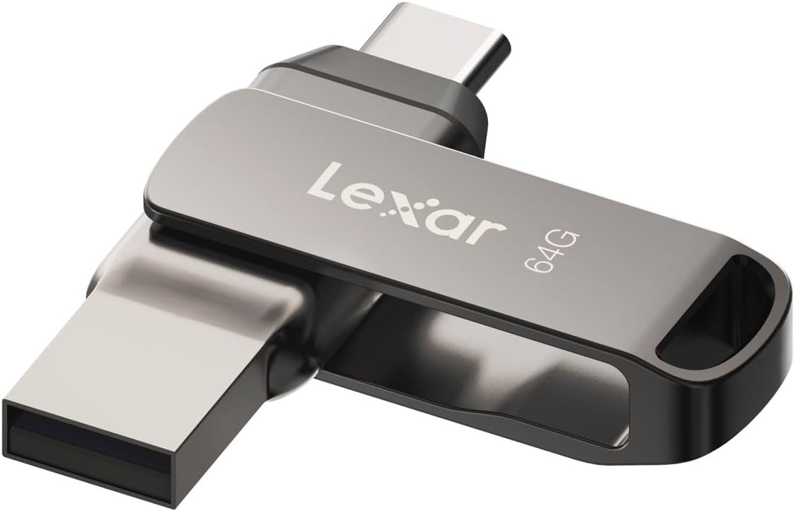 Lexar 64GB JumpDrive Dual Drive D400 USB 3.1 Type-C and Type-A Flash Drive for Storage Expansion and Backup, Up to 130MB/s Read, Metal Housing & Swivel Design, Titanium (LJDD400064G-BNQNG))