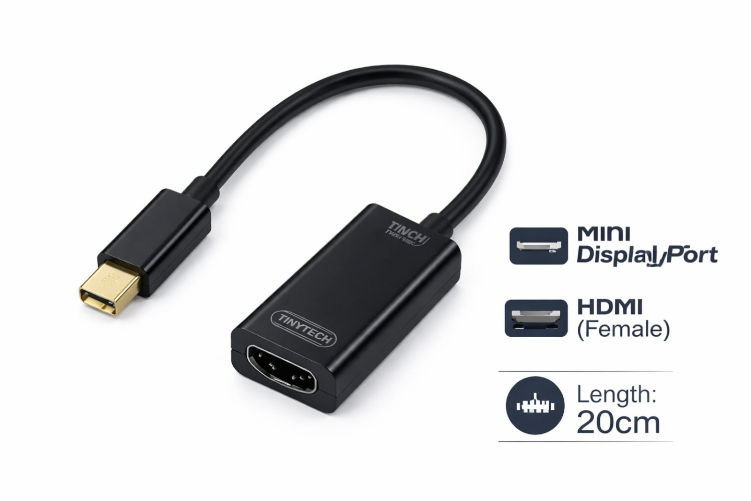 TinyTech Mini DisplayPort to HDMI Adapter, 4K Thunderbolt 2 Compatible Converter (Male to Female), 20cm