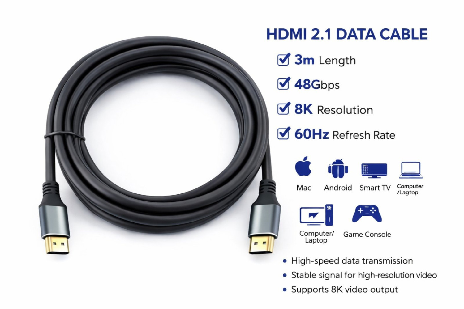 TINYTECH 8K HDMI 2.1 Data Cable (3m) – 48Gbps Ultra High Speed Cord, 8K@60Hz & 4K@120Hz Support
