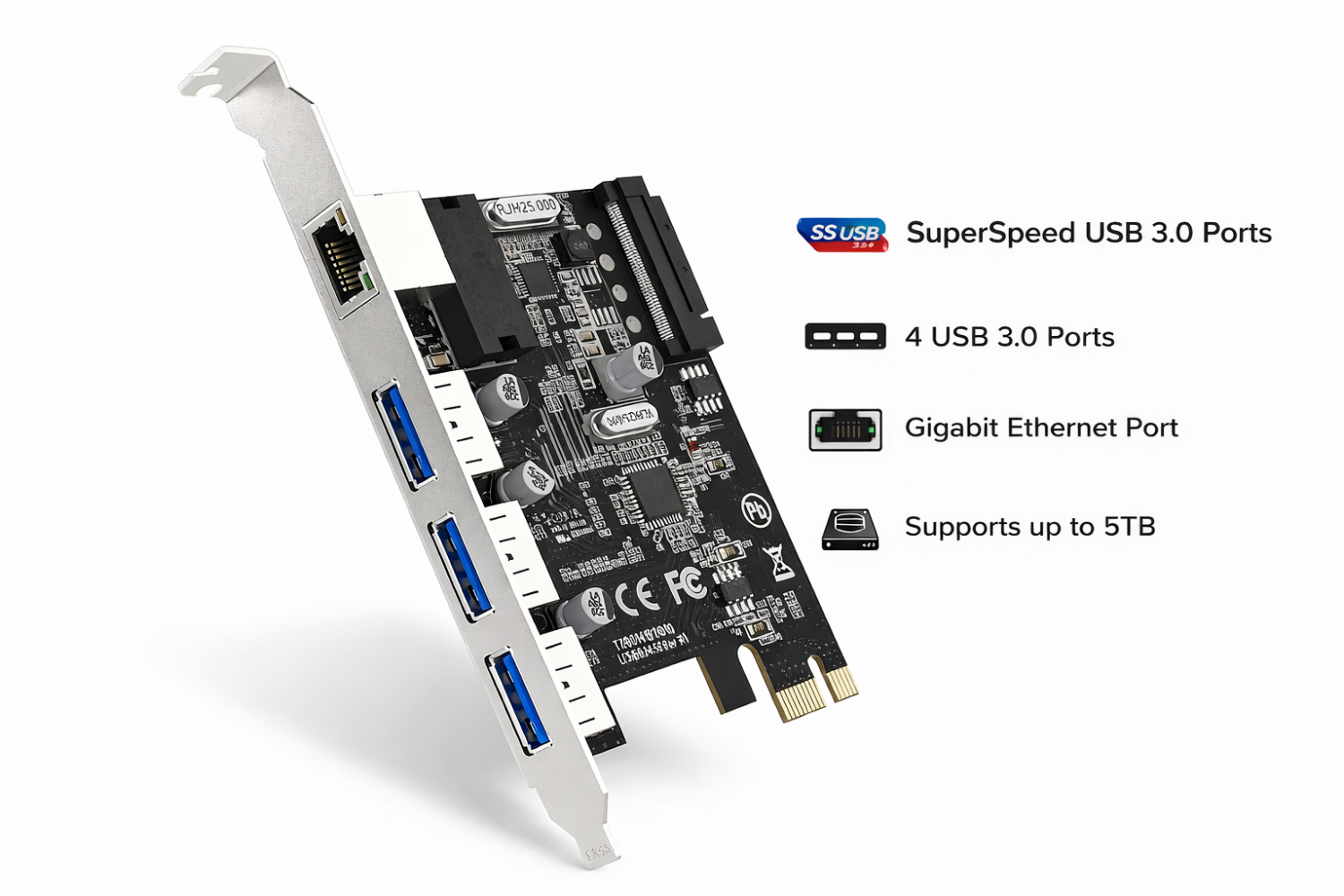 PCIe Gigabit Ethernet + 3-Port USB 3.0 Expansion Card for Desktop PCs